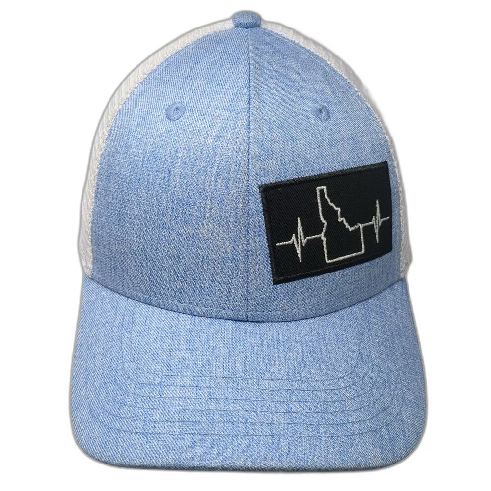 The Heartbeat Brand Trucker Hat Blue White OS Idaho EKG Patch Mountain Print